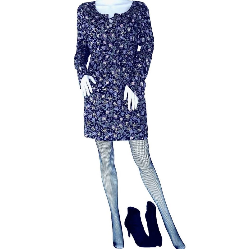 NEW ZAZAGL'AMOR Petite Women's Long Sleeve Floral Lace Up Neckline Black Dress